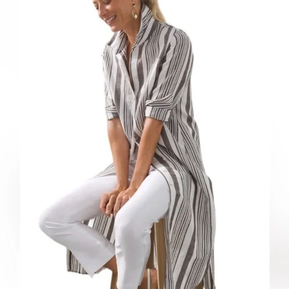 Chico’s Linen Blend Striped Long Shirt/dress, size 12 (Chico’s 2) - Picture 1 of 8